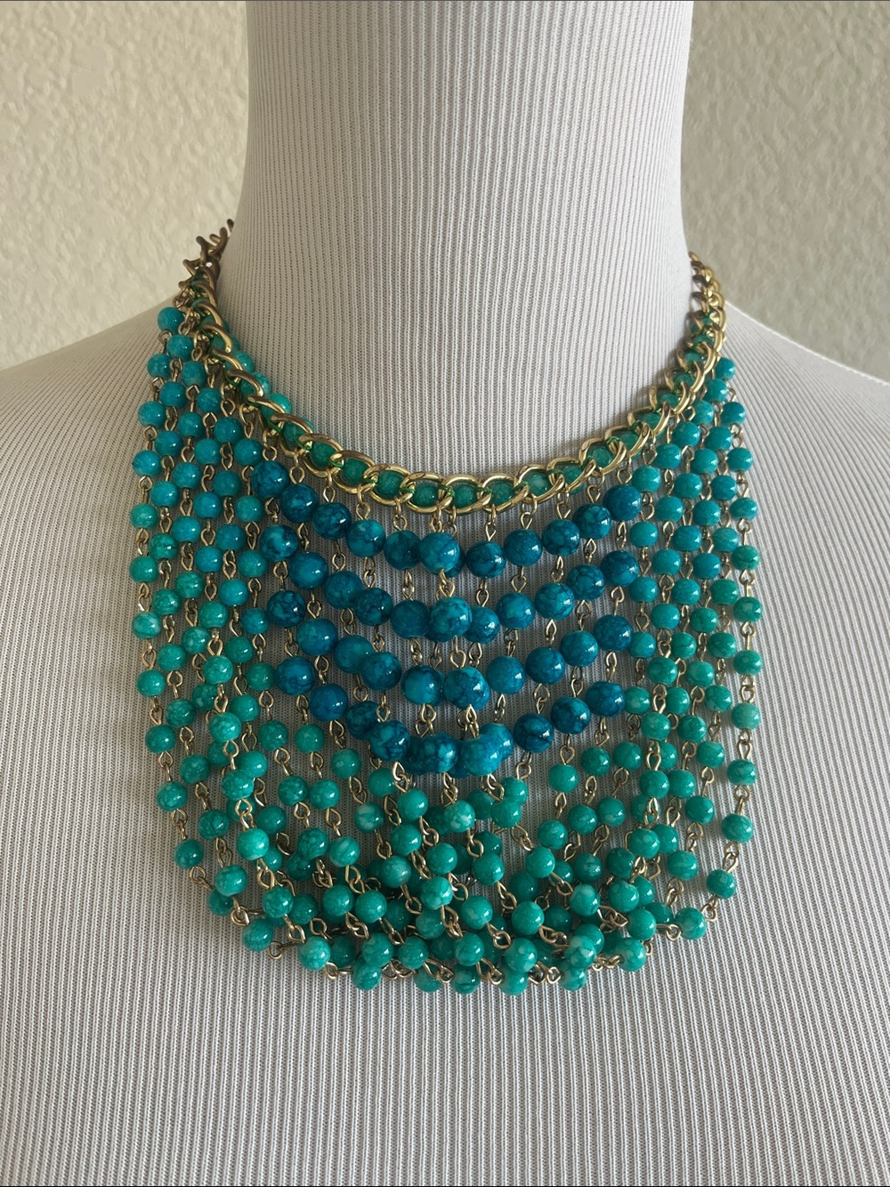 Gold Chain Layered Turquoise Beaded Statement Necklace